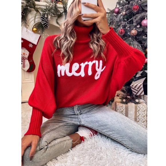New Red Merry Christmas Holiday Sweater Turtleneck Dolman Long Sleeves White NWT - Picture 2 of 16